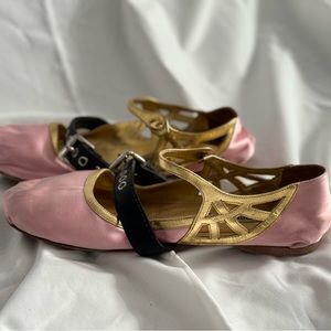 Miu miu Size 39 Pink & Gold Satin Double Strap Ballet Flats